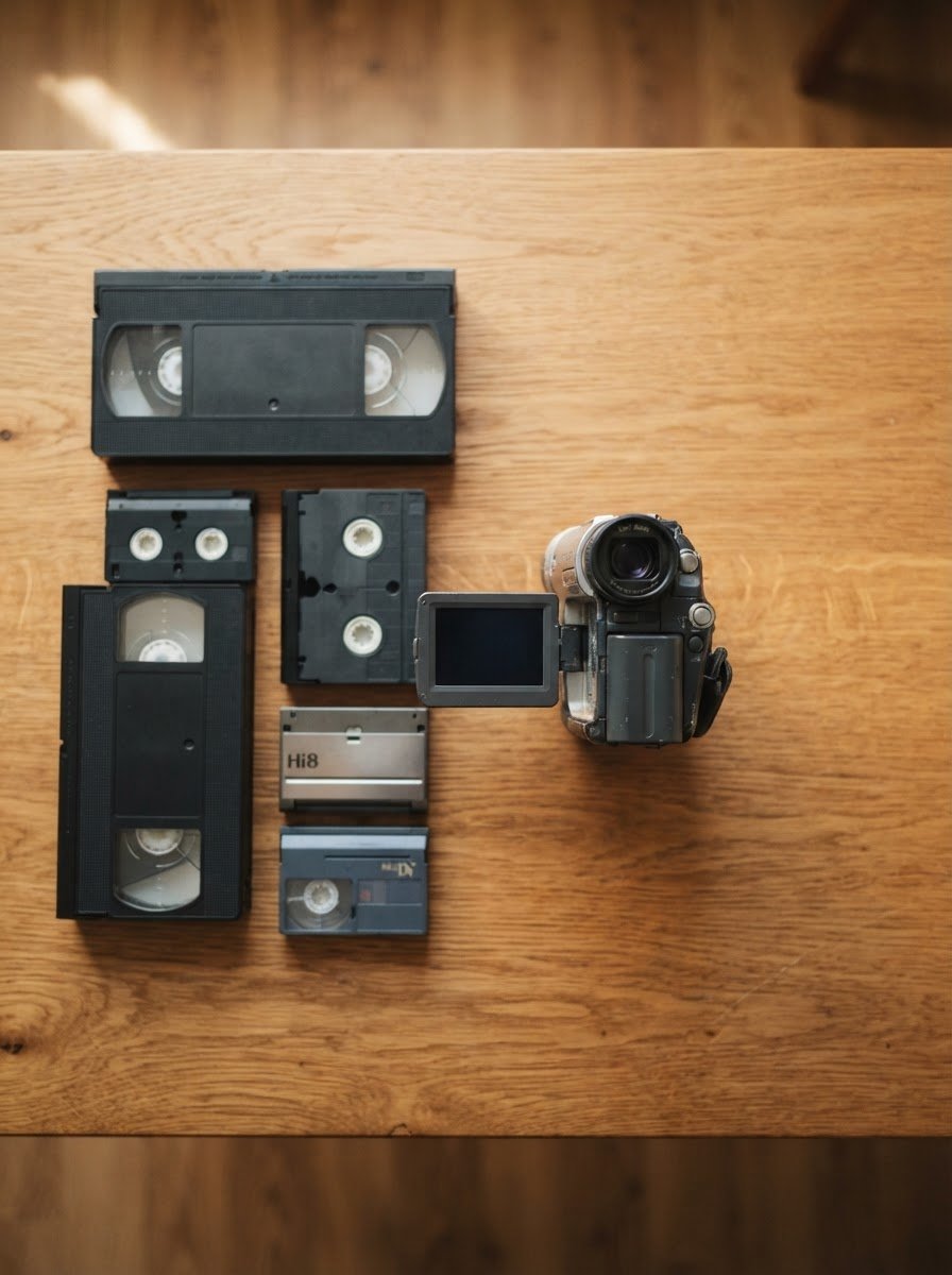 Видеокассеты VHS, Hi8, MiniDV и камкордер, подготовленные к оцифровке